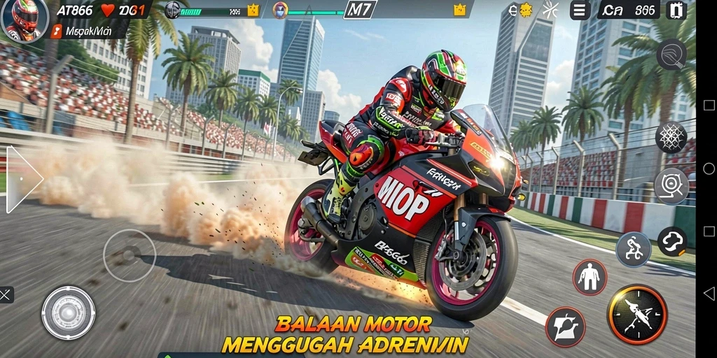 Tampilan gameplay seru di AT866 dengan aksi balapan motor mendebarkan.