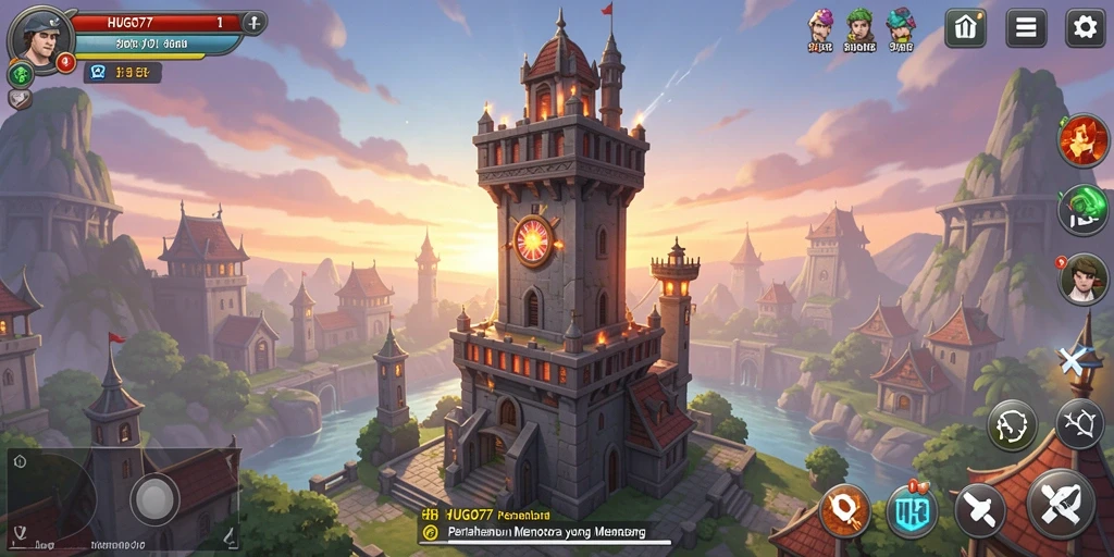 Tampilan gameplay menakjubkan HUGO77 dalam pertempuran Tower Defense.