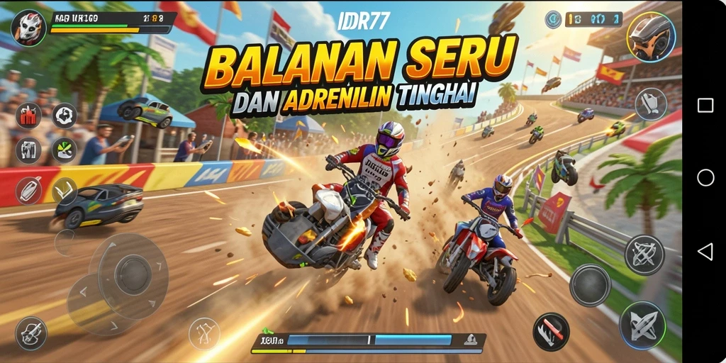Screenshot gameplay <strong>IDR77</strong> menampilkan aksi balapan yang mendebarkan dan lintasan yang menantang.