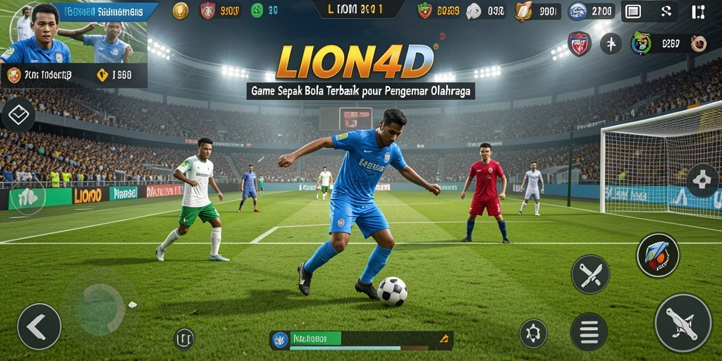 Screenshot utama gameplay <strong>LION4D</strong> menampilkan aksi pertandingan sepak bola yang seru.