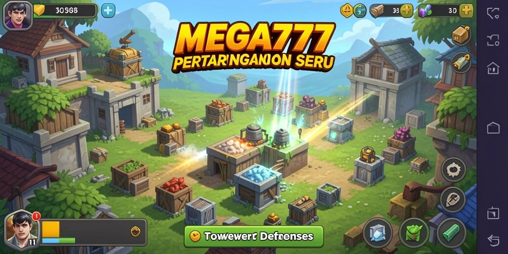Screenshot gameplay MEGA777 menampilkan pertahanan menara yang strategis.
