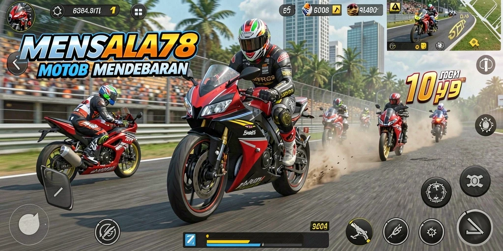 Tampilan gameplay seru di MENYALA78 dengan motor balap cepat.