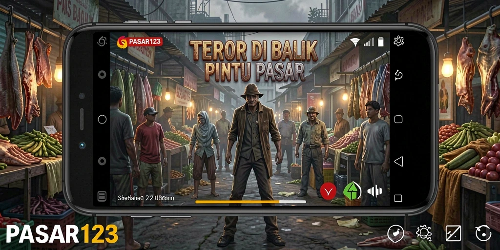 Screen utama PASAR123 menampilkan suasana pasar yang mencekam dan karakter menyeramkan.