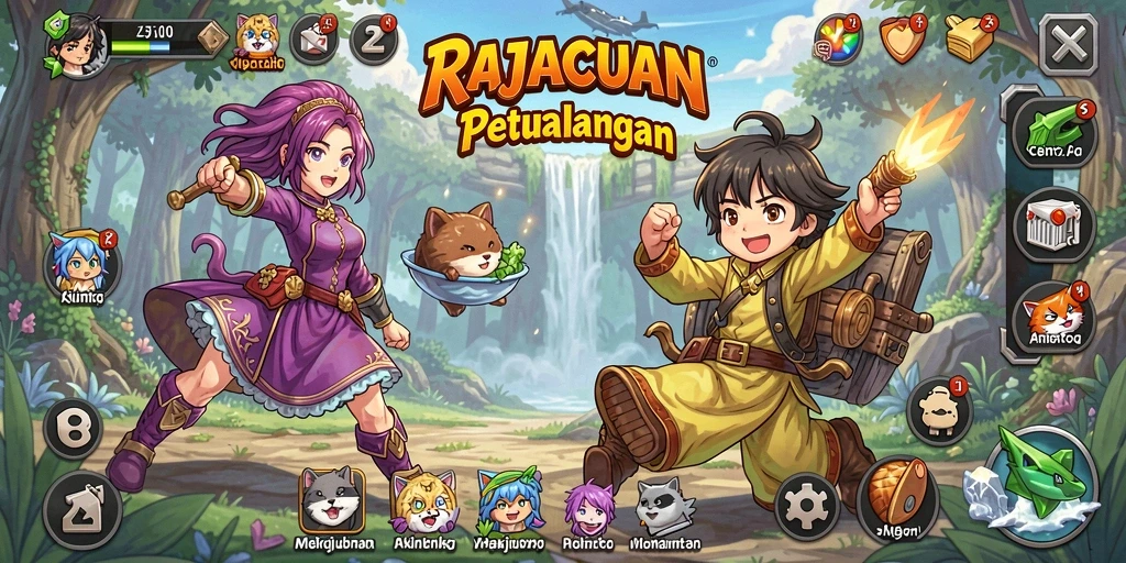 Screenshot dari gameplay RAJACUAN yang penuh aksi dan karakter Anime.