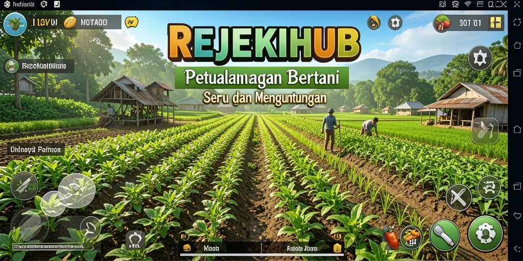 Tangkapan layar gameplay REJEKIHUB menampilkan ladang yang subur dan penuh aktivitas.