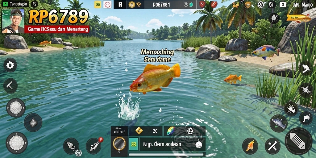 Tangkapan ikan besar dalam gameplay RP6789 di lokasi memancing indah.