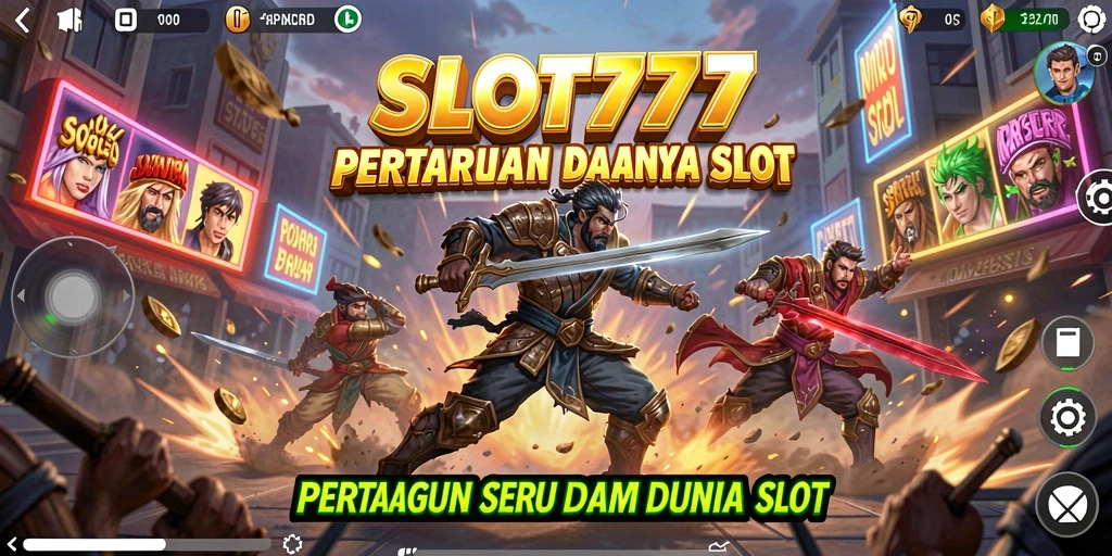 Screenshot utama SLOT777 menampilkan aksi pertarungan intens dan karakter unik.
